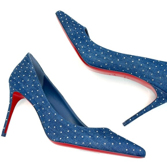 Christian Louboutin KATE PLUM STRASS 85 Crystal Denim Heels Pumps Shoes - Picture 12 of 15